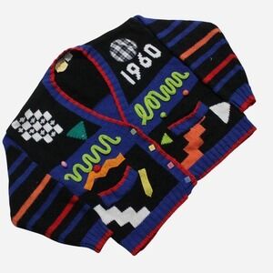 Womens Vintage 90s Artsy Quirky Boxy Fit Abstract Pattern Cardigan  Sweater